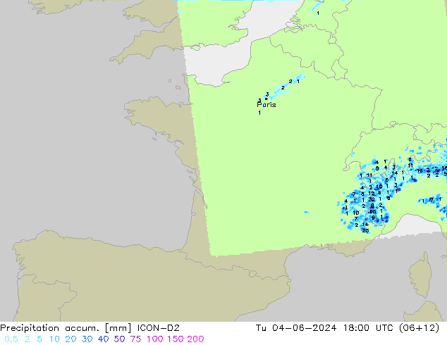 Precipitation accum. ICON-D2 mar 04.06.2024 18 UTC