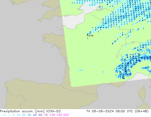 Precipitation accum. ICON-D2 Th 06.06.2024 06 UTC
