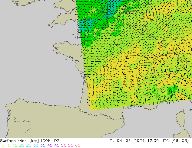 Vento 10 m ICON-D2 Ter 04.06.2024 12 UTC