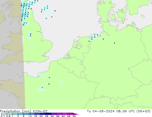 Srážky ICON-D2 Út 04.06.2024 09 UTC