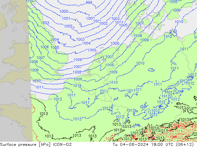 Pressione al suolo ICON-D2 mar 04.06.2024 18 UTC
