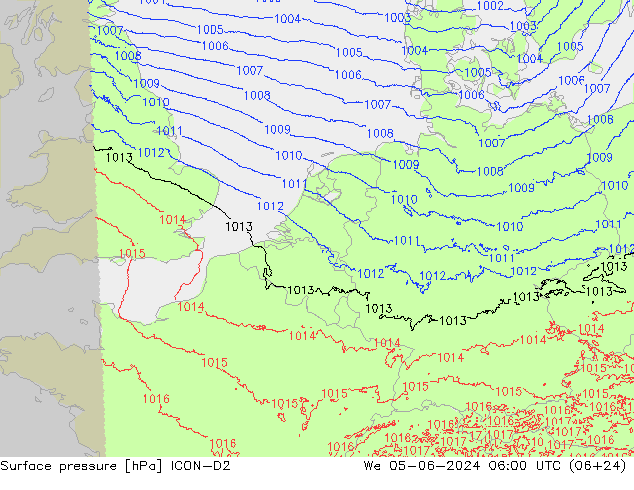 Surface pressure ICON-D2 We 05.06.2024 06 UTC