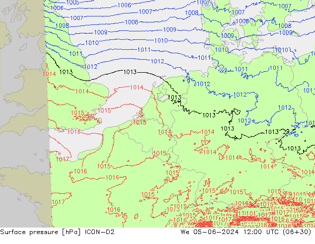 Pressione al suolo ICON-D2 mer 05.06.2024 12 UTC