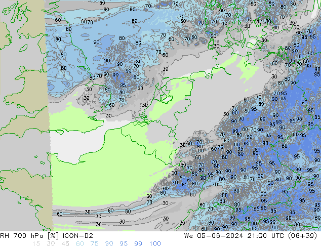 RH 700 hPa ICON-D2 Qua 05.06.2024 21 UTC