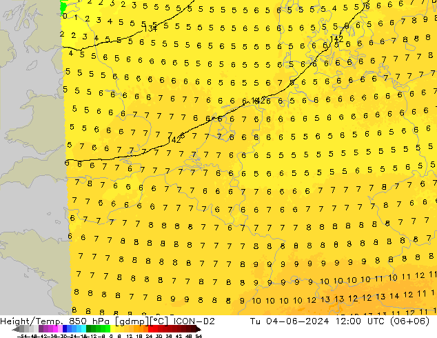 Height/Temp. 850 hPa ICON-D2 Tu 04.06.2024 12 UTC