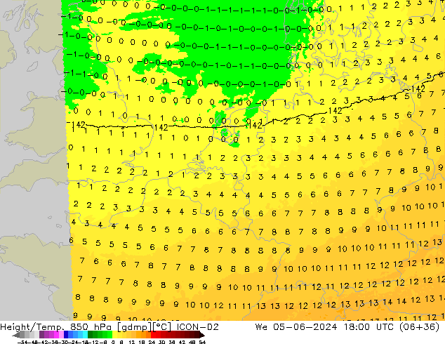 Height/Temp. 850 hPa ICON-D2 Mi 05.06.2024 18 UTC