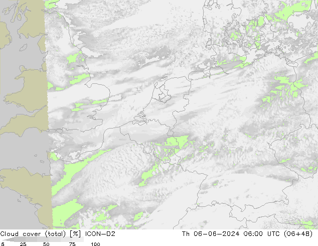 Cloud cover (total) ICON-D2 Čt 06.06.2024 06 UTC