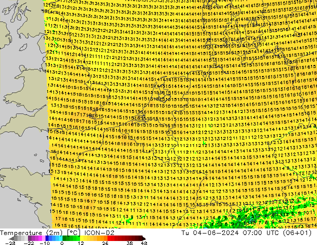 Temperature (2m) ICON-D2 Tu 04.06.2024 07 UTC