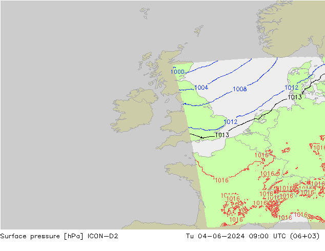 Surface pressure ICON-D2 Tu 04.06.2024 09 UTC