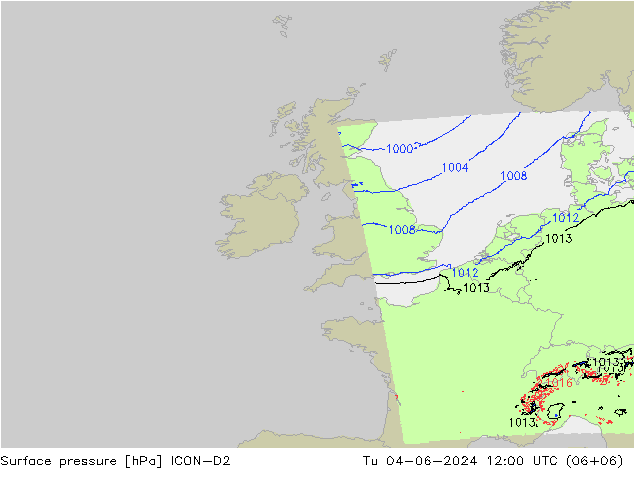 Presión superficial ICON-D2 mar 04.06.2024 12 UTC