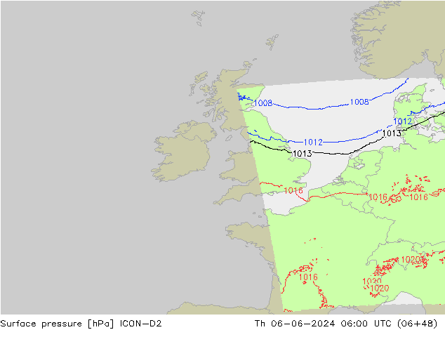 Presión superficial ICON-D2 jue 06.06.2024 06 UTC