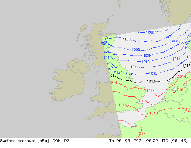 Atmosférický tlak ICON-D2 Čt 06.06.2024 06 UTC