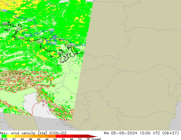 Max. wind velocity ICON-D2 We 05.06.2024 12 UTC