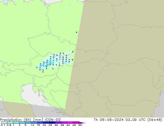 Precipitación (6h) ICON-D2 jue 06.06.2024 09 UTC