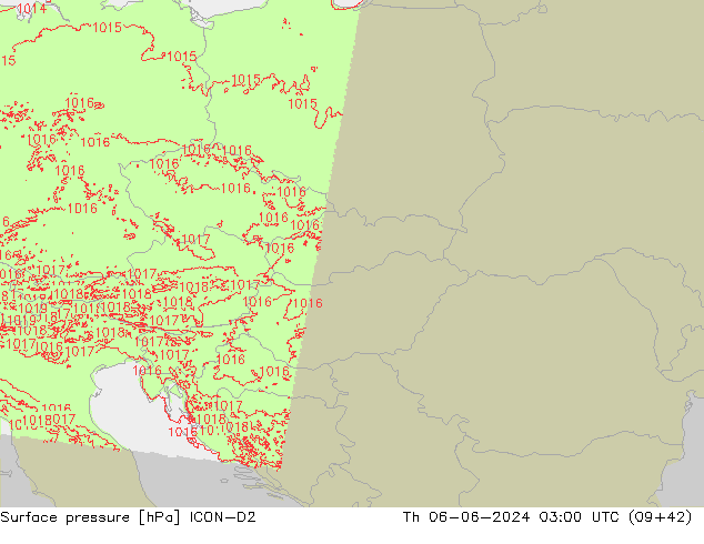 Presión superficial ICON-D2 jue 06.06.2024 03 UTC