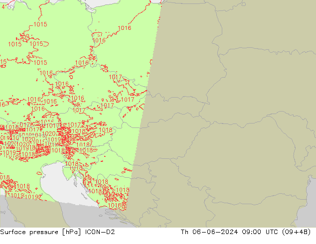 Atmosférický tlak ICON-D2 Čt 06.06.2024 09 UTC