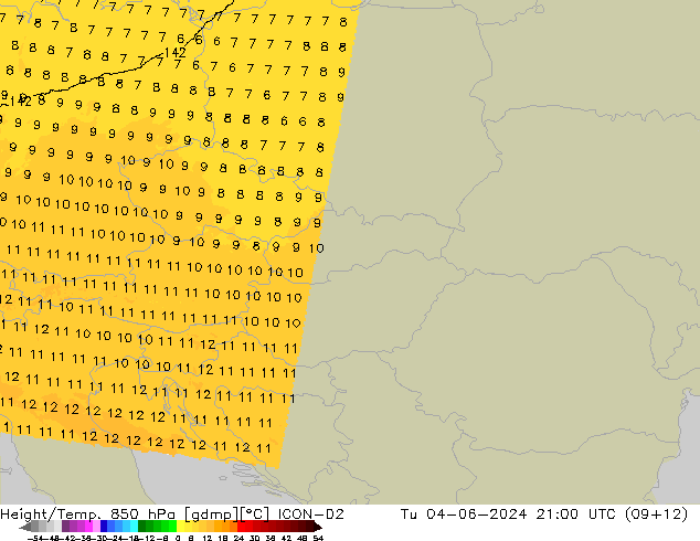 Height/Temp. 850 hPa ICON-D2 Út 04.06.2024 21 UTC