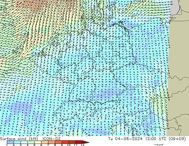 Vent 10 m (bft) ICON-D2 mar 04.06.2024 12 UTC
