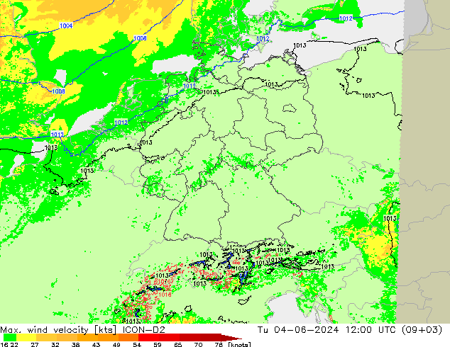 Max. wind velocity ICON-D2 mar 04.06.2024 12 UTC