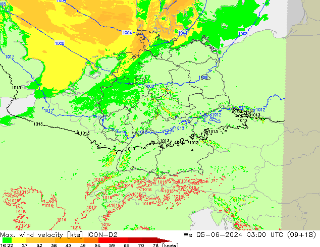 Max. wind velocity ICON-D2 mer 05.06.2024 03 UTC