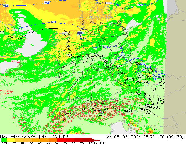 Max. wind velocity ICON-D2 mié 05.06.2024 15 UTC