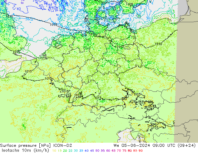 Isotachen (km/h) ICON-D2 Mi 05.06.2024 09 UTC