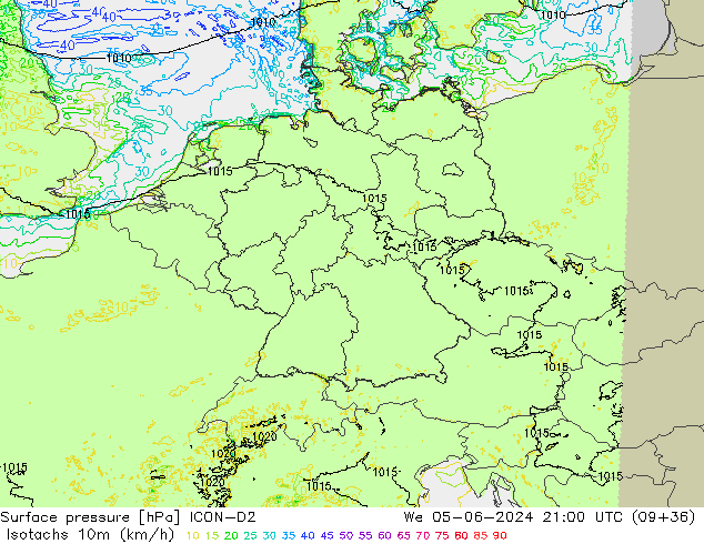 Isotachs (kph) ICON-D2 Qua 05.06.2024 21 UTC