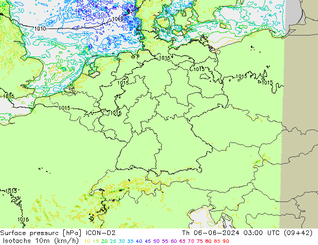 Isotachs (kph) ICON-D2 чт 06.06.2024 03 UTC