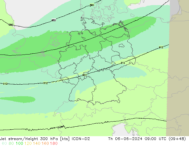 Jet stream/Height 300 hPa ICON-D2 Th 06.06.2024 09 UTC