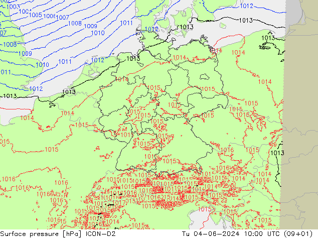 Luchtdruk (Grond) ICON-D2 di 04.06.2024 10 UTC