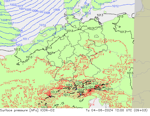 pression de l'air ICON-D2 mar 04.06.2024 12 UTC