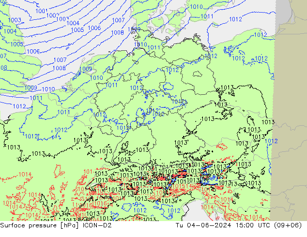 Pressione al suolo ICON-D2 mar 04.06.2024 15 UTC