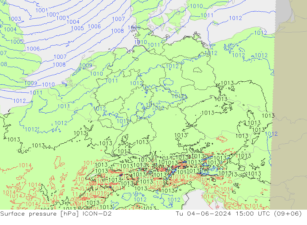 地面气压 ICON-D2 星期二 04.06.2024 15 UTC