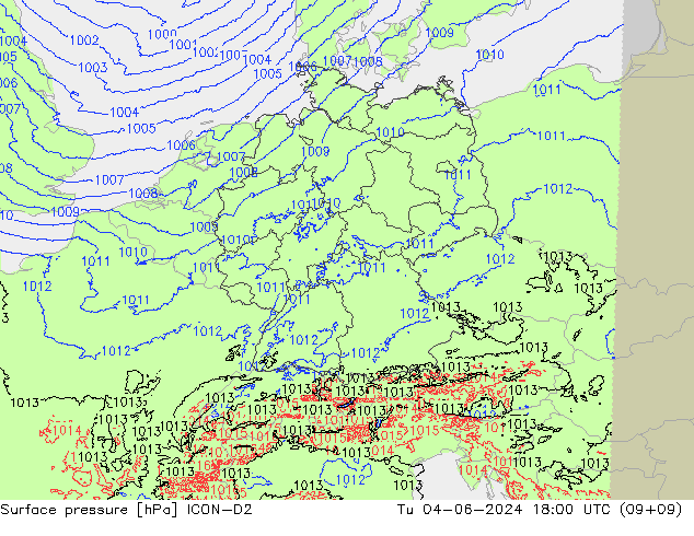 Pressione al suolo ICON-D2 mar 04.06.2024 18 UTC