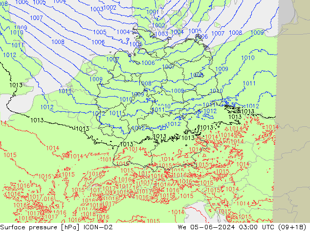 Surface pressure ICON-D2 We 05.06.2024 03 UTC