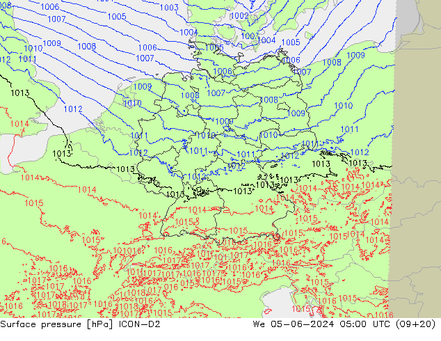 Presión superficial ICON-D2 mié 05.06.2024 05 UTC