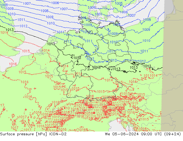 Surface pressure ICON-D2 We 05.06.2024 09 UTC