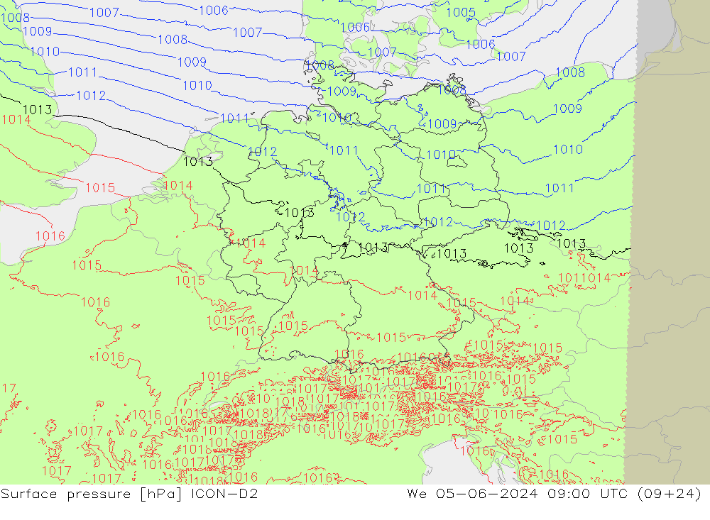 Surface pressure ICON-D2 We 05.06.2024 09 UTC