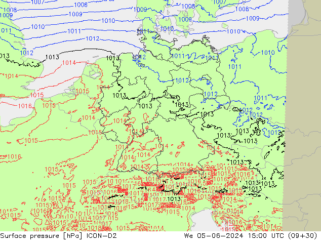 Atmosférický tlak ICON-D2 St 05.06.2024 15 UTC