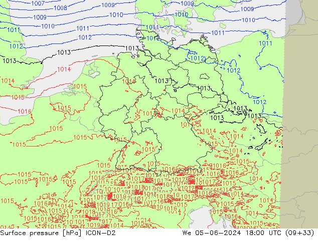 Luchtdruk (Grond) ICON-D2 wo 05.06.2024 18 UTC