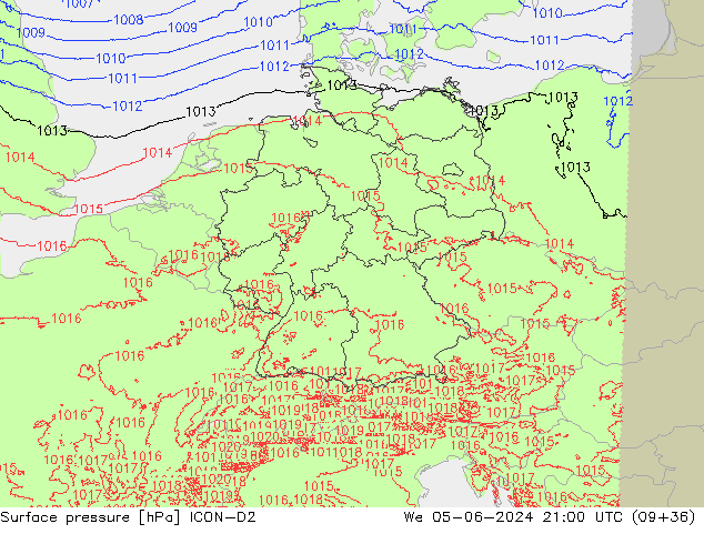 Atmosférický tlak ICON-D2 St 05.06.2024 21 UTC
