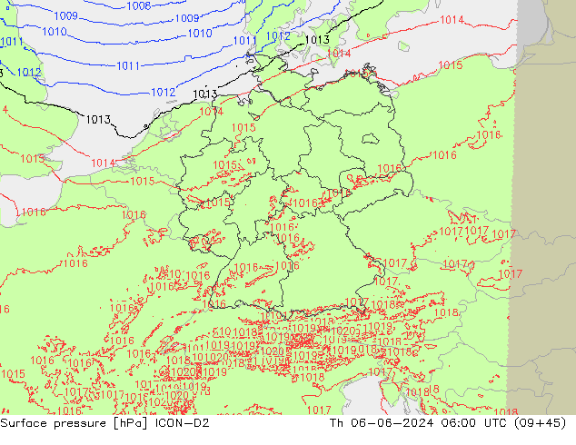 Surface pressure ICON-D2 Th 06.06.2024 06 UTC