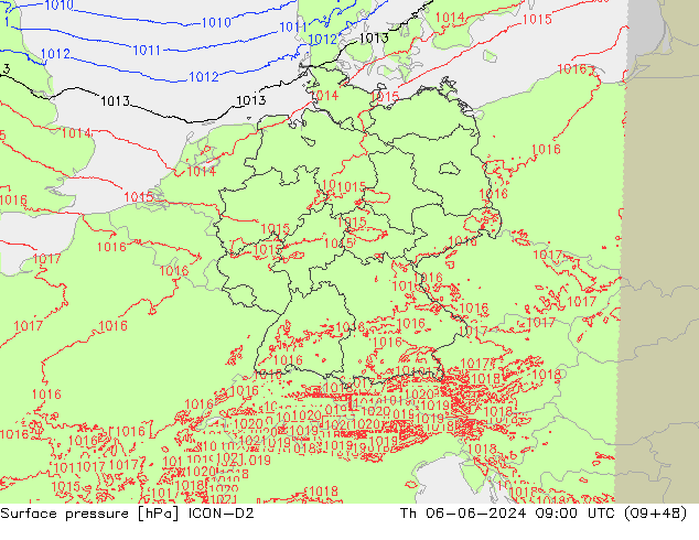 Atmosférický tlak ICON-D2 Čt 06.06.2024 09 UTC