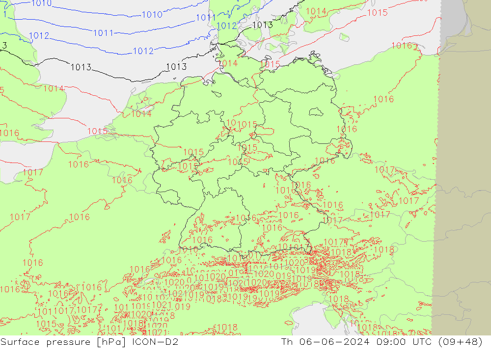 Surface pressure ICON-D2 Th 06.06.2024 09 UTC