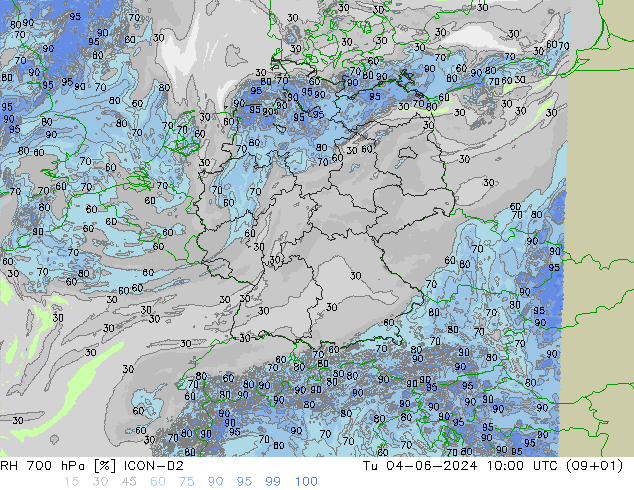 RH 700 hPa ICON-D2 Út 04.06.2024 10 UTC