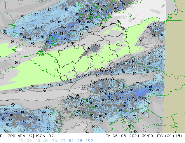 Humedad rel. 700hPa ICON-D2 jue 06.06.2024 09 UTC