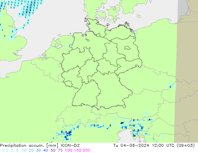 Precipitation accum. ICON-D2 Út 04.06.2024 12 UTC