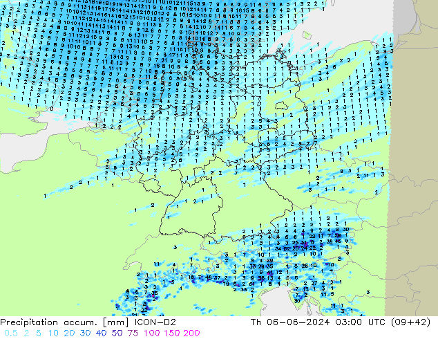 Precipitation accum. ICON-D2 Th 06.06.2024 03 UTC