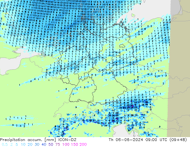 Precipitation accum. ICON-D2 czw. 06.06.2024 09 UTC