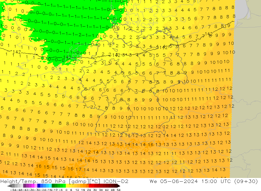 Height/Temp. 850 hPa ICON-D2 śro. 05.06.2024 15 UTC